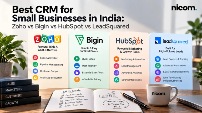 Comparison cards for Zoho, Bigin, HubSpot and LeadSquared CRM for small businesses in India