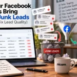 Facebook lead ads being filtered through a funnel, with junk leads in a bin and quality leads with verified contact details