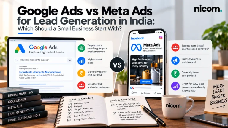 Side-by-side comparison of Google Ads on a laptop and Meta Ads on a phone for small business lead generation in India