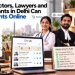 A doctor, a lawyer and a consultant in Delhi behind a laptop showing Google local search results and an online growth plan checklist