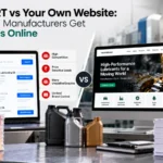 IndiaMART listing on a laptop compared with a manufacturer's own website, showing unqualified enquiries versus qualified RFQs