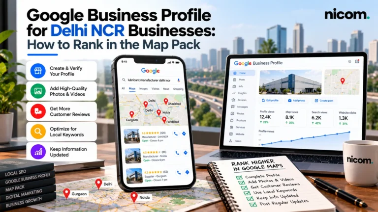 Google Maps local results on a phone and a Google Business Profile dashboard on a laptop, with a checklist for ranking higher in Delhi NCR