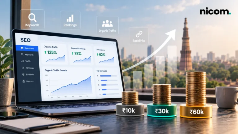 SEO dashboard on a laptop beside three coin stacks labelled ₹10k, ₹30k and ₹60k, with the Delhi skyline behind