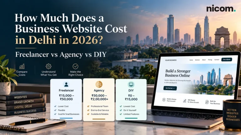 Infographic comparing business website costs in Delhi in 2026 for a freelancer, an agency and DIY, with a laptop showing a business website