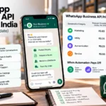 WhatsApp Business API pricing infographic for India with a phone showing an automated business chat and a pricing table by message category